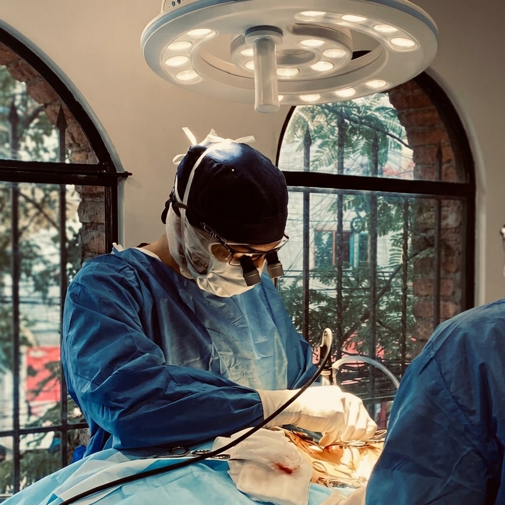 Médico veterinario realizando un procedimiento quirúrgico con lupas de magnificación